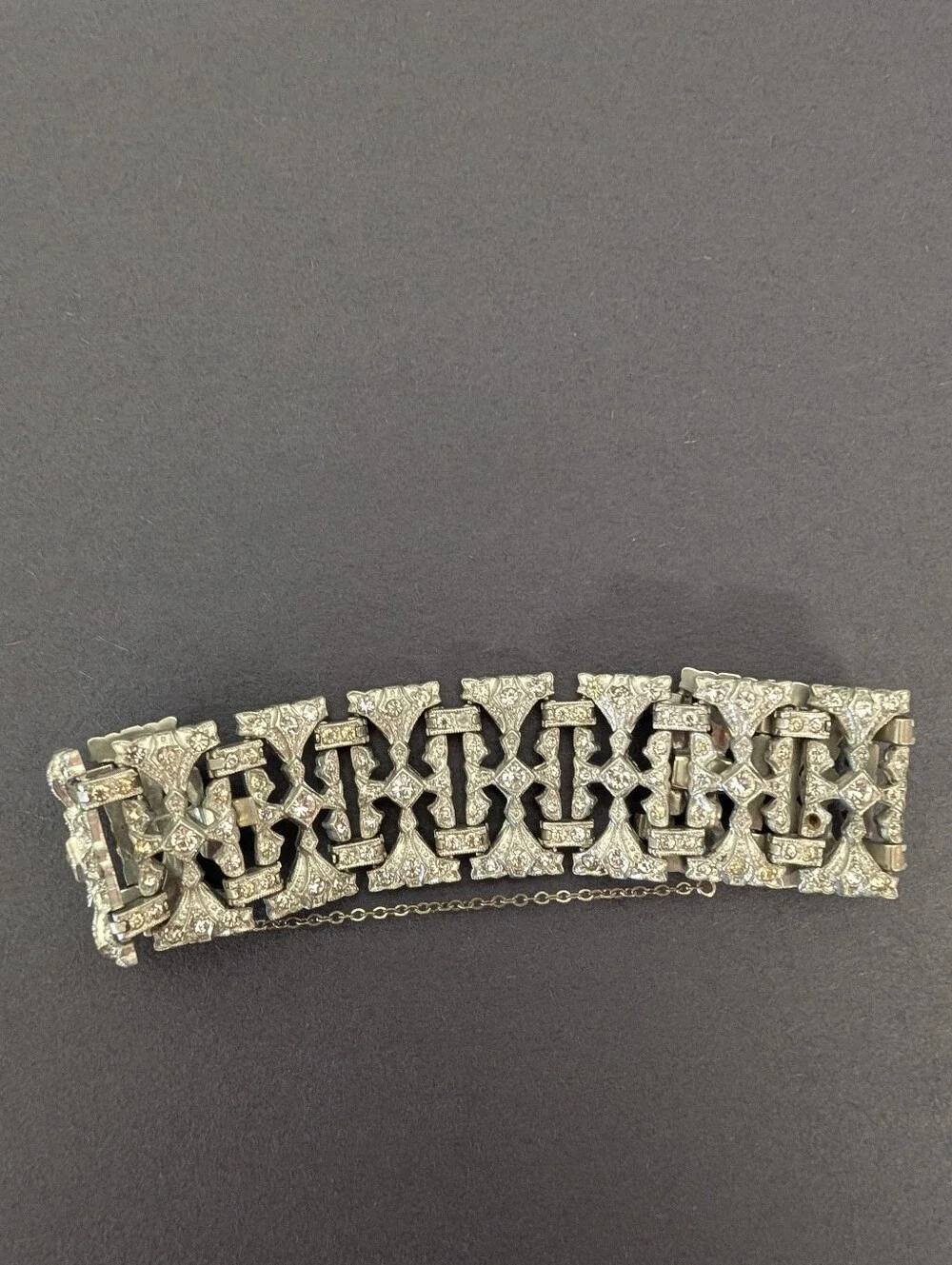 Vintage Bracelet ART DECO Rhinestone Crystal Link Silver Wide Cuff
